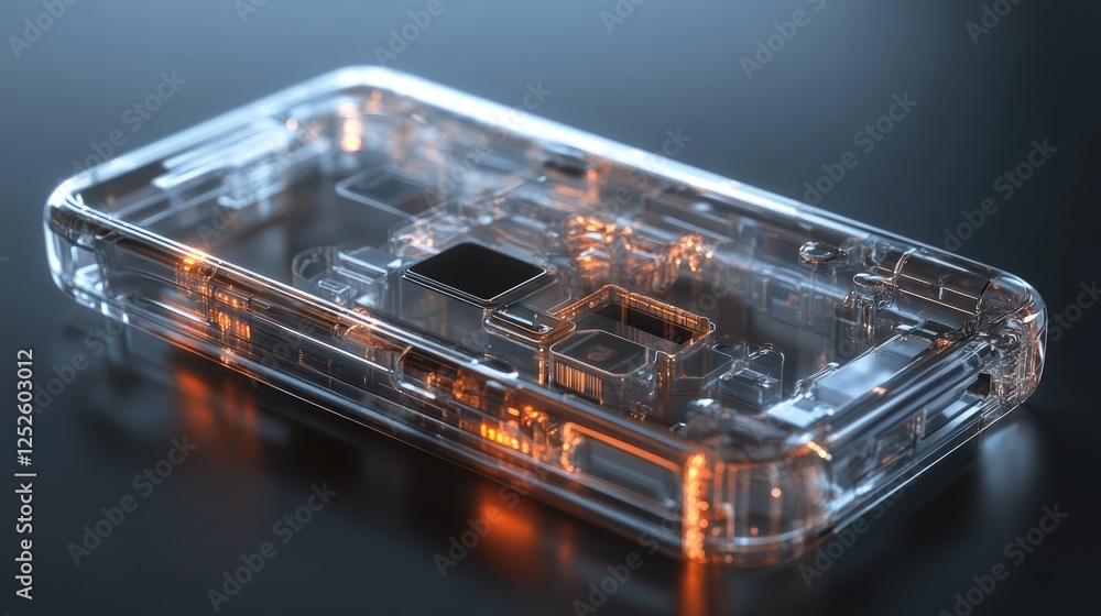 Aufkleber A sleek, transparent device with visible internal components, representing the future of technology with advanced features and sophisticated design