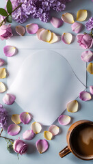 Fototapeta premium Soft Lilac Flowers and Pastel Rose Petals Surrounding Blank White Paper Beside A Cozy Mug of Hot Coffee for Relaxed Ambience Romantic Wallpaper Background Idea Inspiration