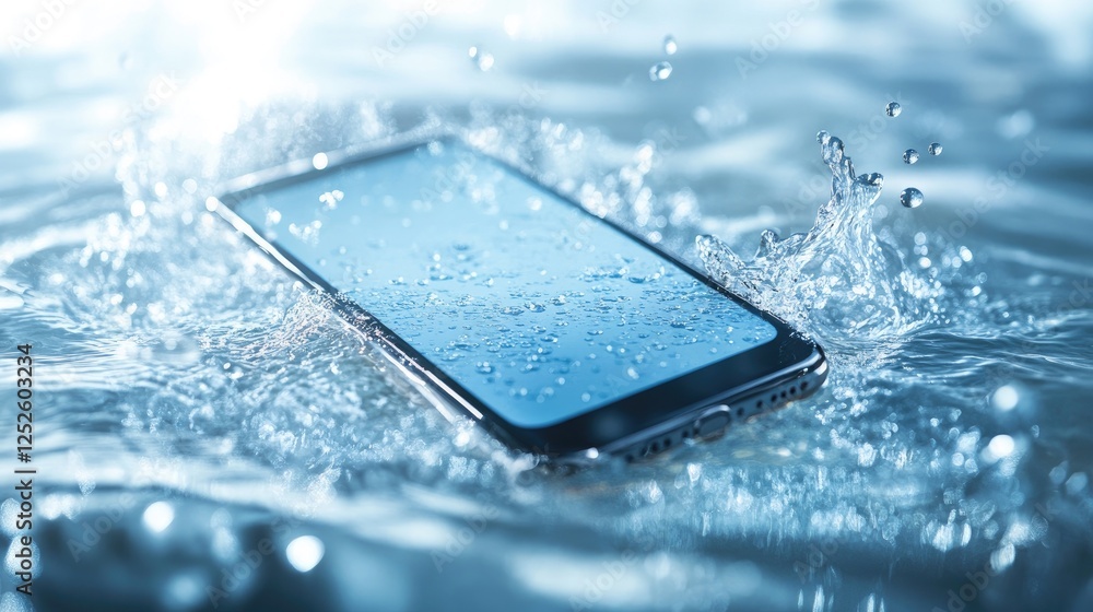 Aufkleber A smartphone gently floating on water with bubbles, creating a futuristic and refreshing scene with vibrant blue water and light reflections