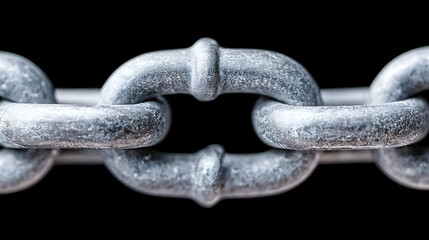 Close-up of metallic chain links against black background; strength, connection concept; industry, security
