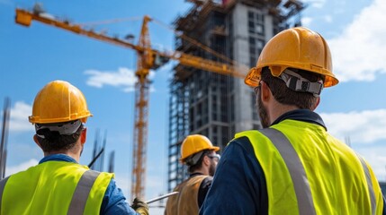 Three construction workers wearing yellow vests