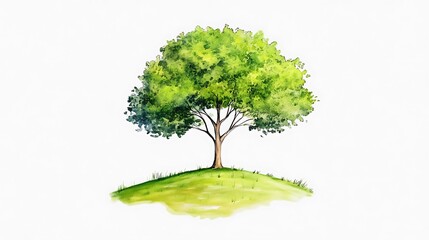 A stylized, light green watercolor painting of a single tree atop a small, light green hill, set against a pure white background