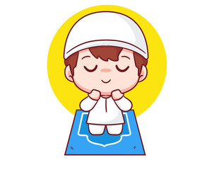 Cute muslim boy praying cartoon character. Happy Eid Ramadan Islamic Concept design. Kawaii and adorable vector illustration.