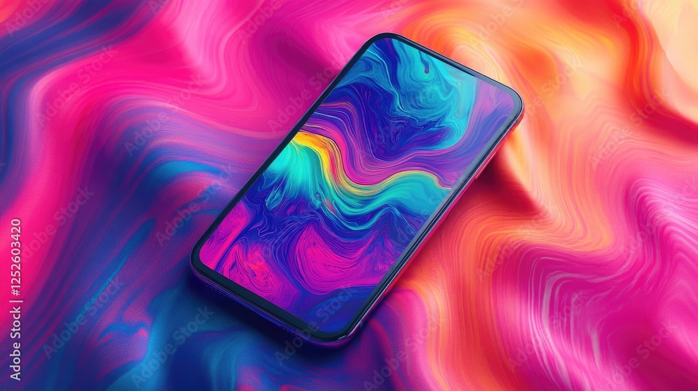 Poster a smartphone mockup with a vibrant multicolor background, showcasing the device in a trendy and arti