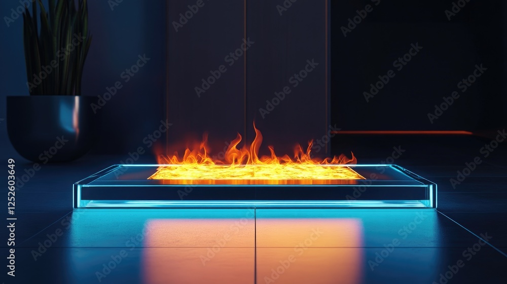 Aufkleber a sophisticated glass platform with internal flames, illuminated to create a dramatic and fiery glow