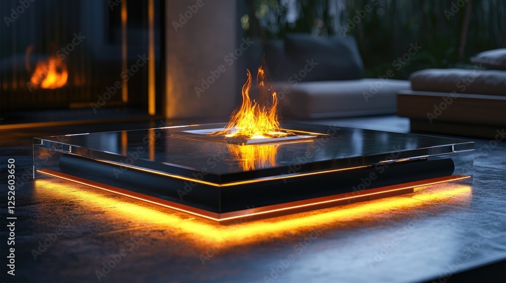 Poster a sophisticated glass platform with internal flames, illuminated to create a dramatic and fiery glow