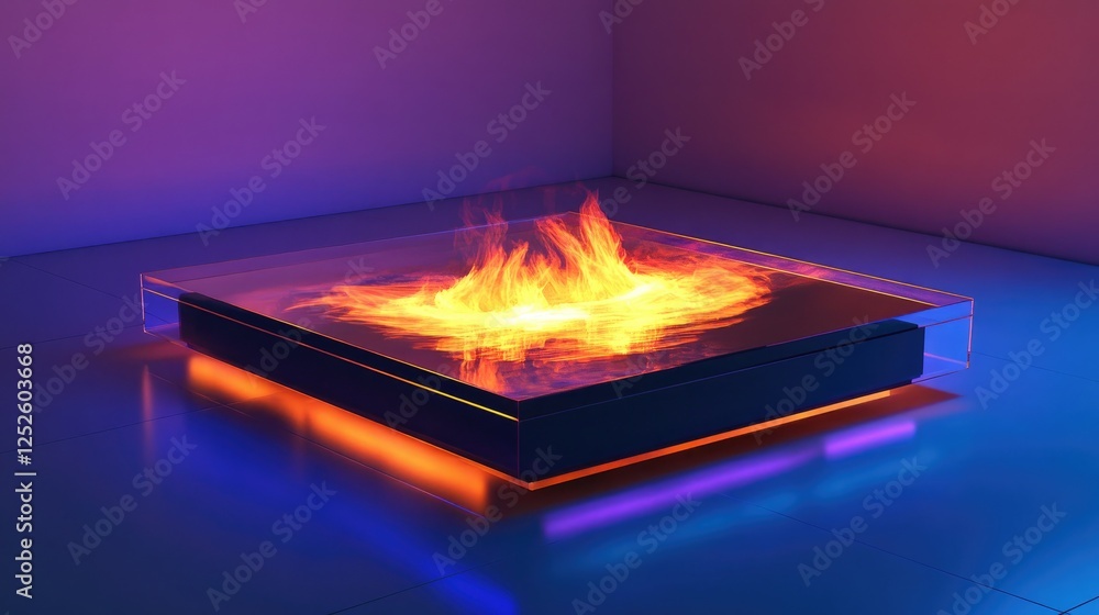 Poster a sophisticated glass platform with internal flames, illuminated to create a dramatic and fiery glow