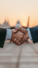 Business agreement handshake at sunset urban setting professional image collaborative environment close-up view