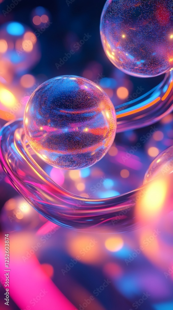 Poster abstract 3d wallpaper suspended spheres and liquidlike ribbons of neon light flowing between them th