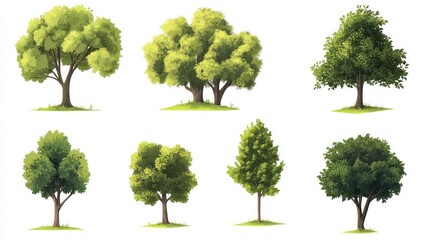 Eight diverse trees, digitally painted, isolated, nature background, design element