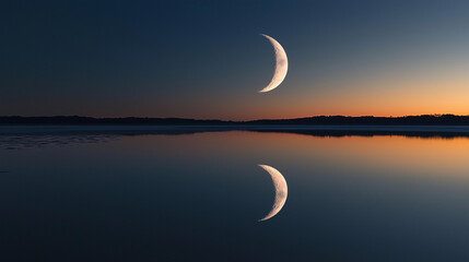 Moonrise Over the Lake: A Crescent Moon Reflecting on Calm Waters