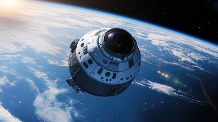 A spacecraft orbiting Earth, surrounded by stars, with advanced technology and sleek structures visible, symbolizing the future of interstellar travel