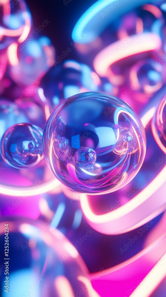 Poster abstract 3d wallpaper suspended spheres and liquidlike ribbons of neon light flowing between them th