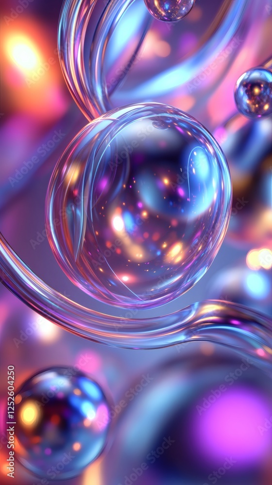 Poster abstract 3d wallpaper suspended spheres and liquidlike ribbons of neon light flowing between them th