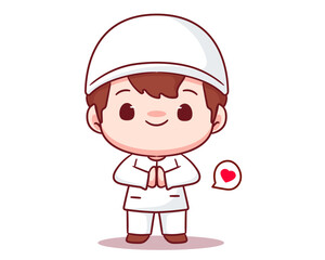 Cute muslim boy greeting pose cartoon character. Happy Eid Ramadan Islamic Concept design. Kawaii and adorable vector illustration.