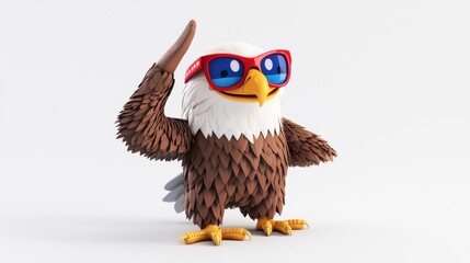 Naklejka premium a 3D cartoon smiling bald eagle, saluting proudly, wearing red, white, and blue sunglasses, isolated on white background