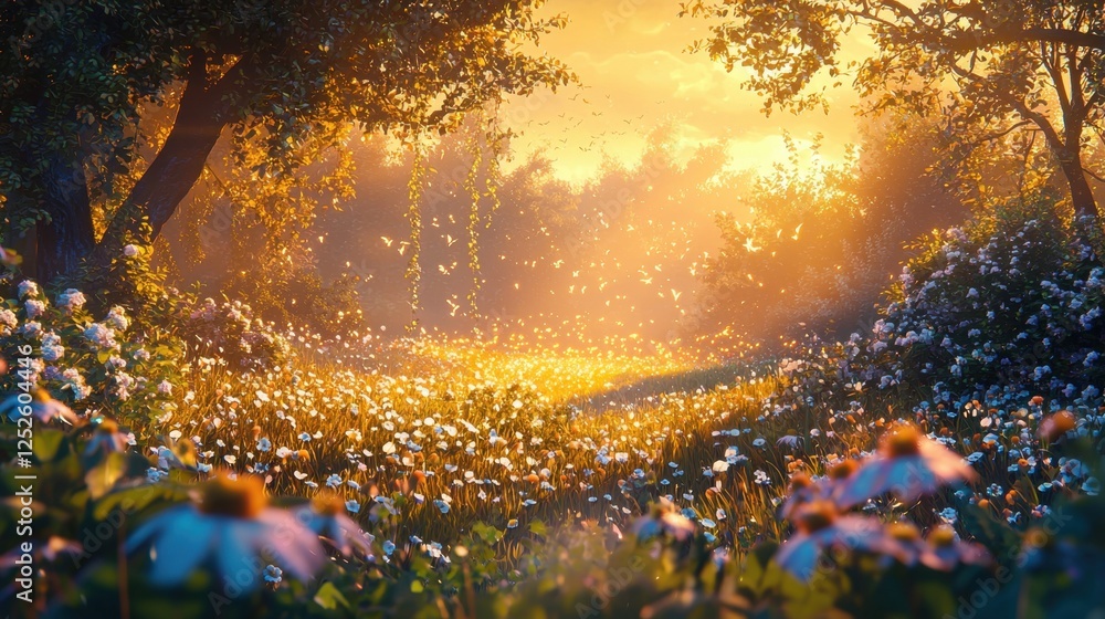 Poster a field of flowers with a path through it