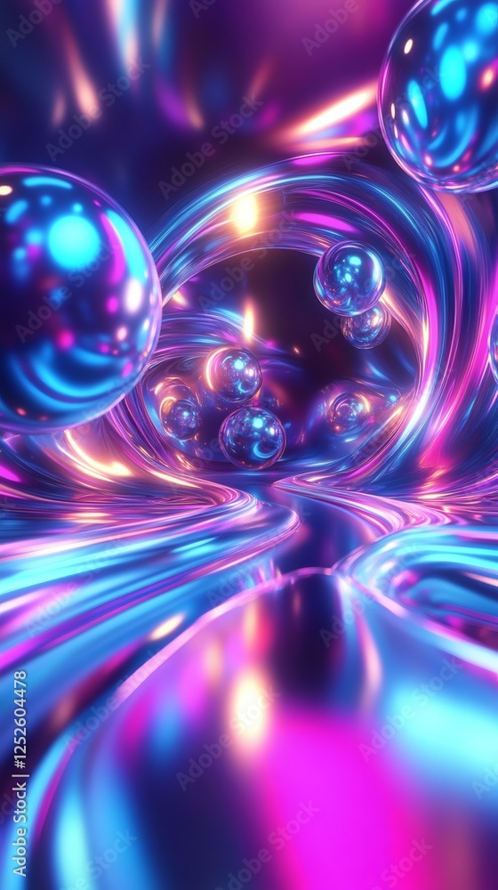 Aufkleber abstract 3d wallpaper suspended spheres and liquidlike ribbons of neon light flowing between them th