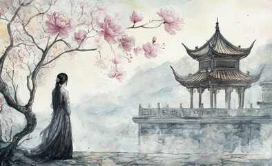 A traditional Chinese ink painting showing a woman in ancient costume standing between rocks with her back to the viewer.