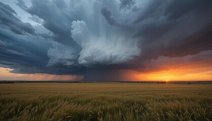 A thunderstorm rolling over a golden prairie, dark clouds clashing with the last rays of a glowing sunset.
