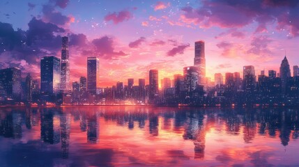 Fototapeta premium A stunning cityscape at sunset, with the glowing skyline reflected in the calm water, creating a serene and calming view of urban beauty