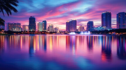 A stunning cityscape at sunset, with the glowing skyline reflected in the calm water, creating a serene and calming view of urban beauty
