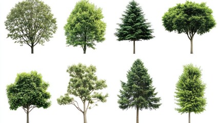 Eight diverse trees isolated on white background, ideal for design