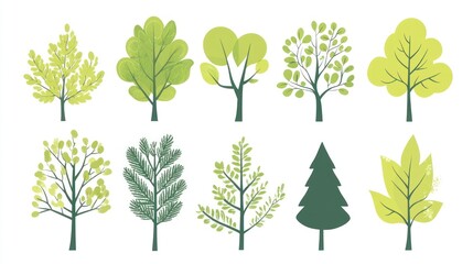 Obraz premium Green trees, nature collection, spring foliage, white background, design elements