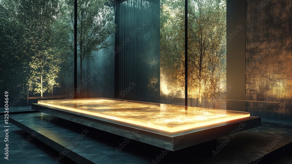 Poster a stunning glass platform lit from within by an internal fire, emitting a soft, warm glow that highl