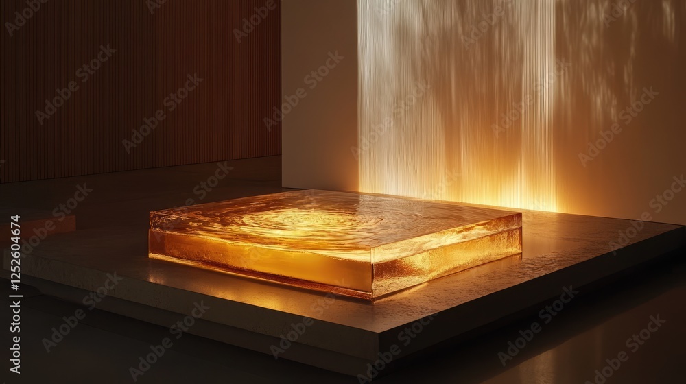 Poster a stunning glass platform lit from within by an internal fire, emitting a soft, warm glow that highl