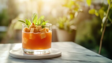 Fototapeta premium Refreshing tomato drink, basil garnish, outdoor cafe