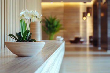 Fototapeta premium Step into an Atmosphere of Ultimate Relaxation at a Luxurious Hotel Spa Reception Desk, Featuring Soft-Focus Lighting and Elegant Modern Design Elements