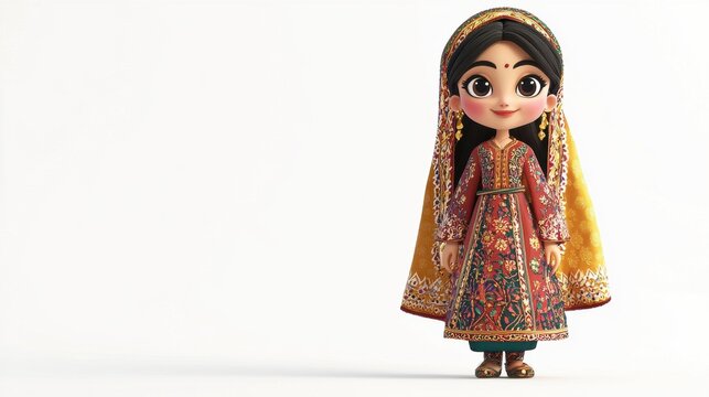 a 3D cartoon character in Iranian Persian traditional dress, rich embroidery, poised and elegant, isolated on white background