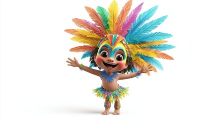 a 3D cartoon character in Brazilian carnival costume, colorful feathers, joyful dancing pose, isolated on white background