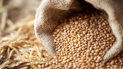 Burlap sack overflowing with light brown grains and wheat stalks.