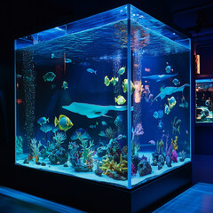 Striking transparent aquarium exhibiting an impressive collection of aquatic life in modern display design excellence