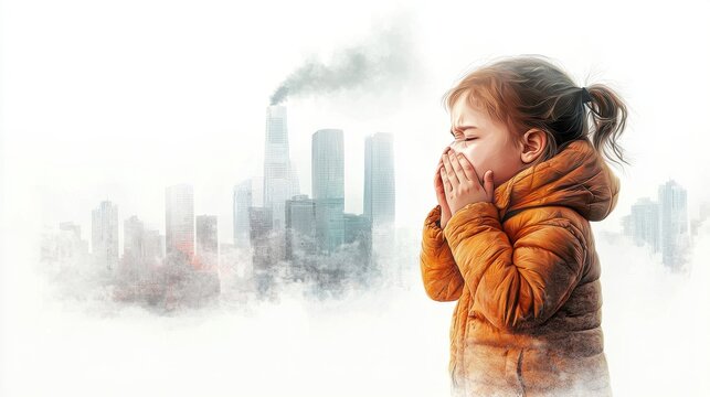 A child coughing in a polluted city, health impact of PM2.5, detailed digital painting, realistic shading, isolated on white background