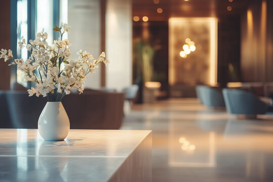 Elegant boutique hotel reception area exuding inviting stylish warmth and modern sophistication for discerning guests