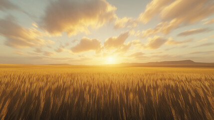 Naklejka premium Expansive wheat fields bathed in pale sunrise light as dramatic clouds thicken above rural landscapes