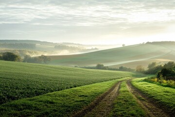 Obraz premium Serene Rolling Hills with Dirt Path in Morning Light
