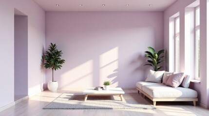 Fototapeta premium Serene Living Room with Pale Walls, Light Wood Furniture, and Lush Greenery