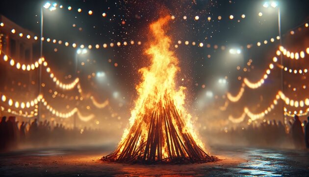 Celebration of holika dahan with a people around bonfire.