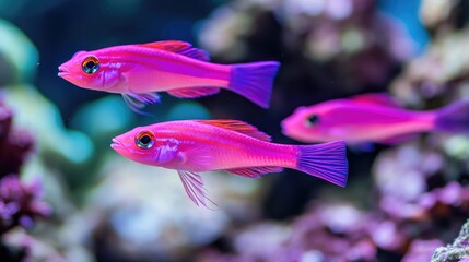 Obraz premium A trio of vivid pink fish gracefully swimming in a colorful coral reef, their movement adding beauty and life to the vibrant marine world