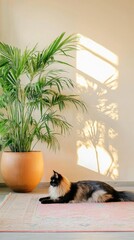 Elegant cat relaxing by indoor plant cozy living space nature scene natural light tranquility
