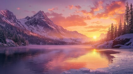 Serene Sunset Over a Frozen Lake in the Mountains