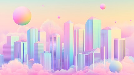 Fototapeta premium Pastel Cityscape Above Cloudscape With Floating Spheres