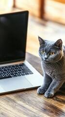 Cat curiously observing laptop on wooden desk indoor workspace pet lifestyle cozy environment