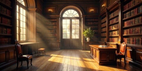 Sunlit Study A Serene Library Filled with Ancient Volumes and Warm Wooden Accents