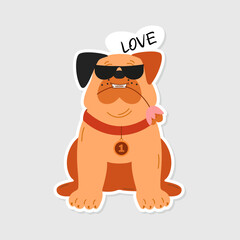 Obraz premium Bulldog Dog sticker on isolated white background. Funny dog sticker and lettering Love. Humorous picture for decoration in social networks, web design, logo. Image of a bulldog.