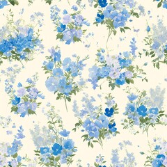 Seamless pattern of delicate watercolor roses in shades of blue and chartreuse